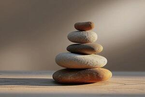 ai genererad balanserad stenar form ett listig stack atop en trä- tabell foto