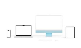 modern dator enheter med varierande skärm upplösningar för app eller webb sida presentationer. isolerat skärmar för attrapp mönster. inkluderar blå dator visa, bärbar dator, läsplatta, och smartphone foto
