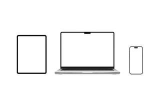 bärbar dator, läsplatta, och smartphone med isolerat skärmar för app eller webb sida presentation mockups. mångsidig enheter för design skapande, visa upp innovation och teknologi i en modern arbetsyta foto