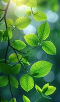 ai genererad vertikal bakgrund med ung grön löv, natur tema foto