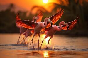 ai genererad en flock av rosa flamingos flugor över de vatten. genererad förbi artificiell intelligens foto