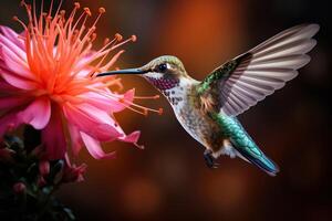 ai genererad de kolibri fågel drycker nektar från blommor. genererad förbi artificiell intelligens foto