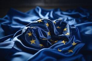 ai genererad gul stjärnor på blå silke tyg. symbol av de europeisk union. europeisk union flagga. genererad förbi artificiell intelligens foto