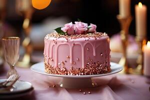 ai genererad festlig rosa kaka dekorerad med guld och färsk blommor. genererad förbi artificiell intelligens foto