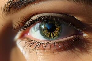 ai genererad grön kvinna öga med lång ögonfransar närbild. genererad förbi artificiell intelligens foto