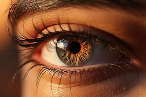 ai genererad skön kvinna öga med lång ögonfransar närbild. genererad förbi artificiell intelligens foto