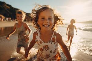 ai genererad Lycklig barn springa längs de strand i de spray av hav vågor. genererad förbi artificiell intelligens foto