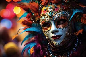 ai genererad karneval kostym med fjädrar och karneval smink på henne ansikte. karneval begrepp, mardi. genererad förbi artificiell intelligens foto