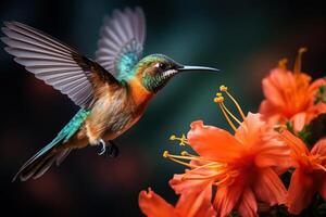 ai genererad de kolibri fågel drycker nektar från blommor. genererad förbi artificiell intelligens foto