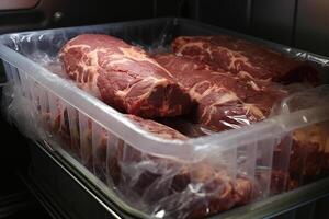 ai genererad bitar av kött förpackade för frysning i de frys. frysta mat. genererad förbi artificiell intelligens foto