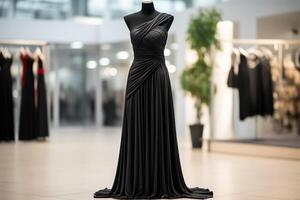 ai genererad elegant kväll svart lång kvinnors klänning på en mannekäng i en mode studio. genererad förbi artificiell intelligens foto
