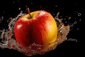 ai genererad mogen saftig röd äpple i en stänk av vatten. genererad förbi artificiell intelligens foto