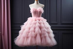 ai genererad elegant rosa fluffig kvinnors klänning på en mannekäng. genererad förbi artificiell intelligens foto