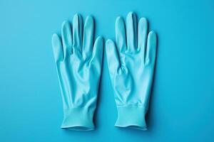 ai genererad blå skyddande handskar, ett element av arbetskläder på en blå bakgrund. genererad förbi artificiell intelligens foto