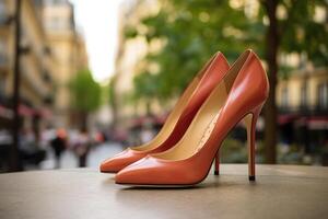 ai genererad elegant röd kvinnors högklackade sko mot en stad bokeh bakgrund. genererad förbi artificiell intelligens foto