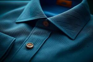 ai genererad blå skjorta krage vikta över en eleganta jacka i studio foto