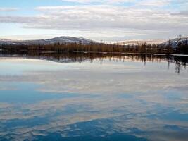 flod landskap tidigt vår. bar träd, smältande snö. foto