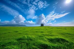 ai genererad expansiv grön gräs fält under en lugn blå himmel bakgrund foto