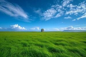 ai genererad blå himmel kompletterar en omfattande grön gräs fält i harmoni foto