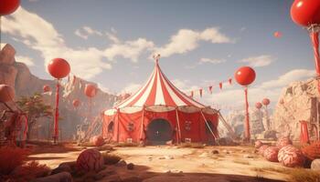 ai genererad en röd cirkus tält nära några ballonger. foto