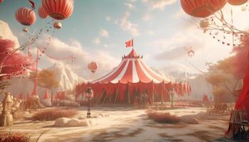 ai genererad en röd cirkus tält nära några ballonger. foto