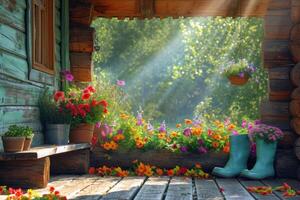 ai genererad en trä- veranda med färgrik blommor och trädgårdsarbete stövlar. foto
