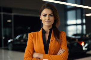 ai genererad bil försäljning kvinna med vapen vikta, i de stil av ljus orange och ljus svart. foto