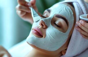 ai genererad kvinna har ansiktsbehandling mask applicerad förbi en spa. foto