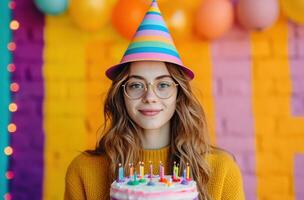 ai genererad kvinna i födelsedag hatt innehav födelsedag kaka. foto
