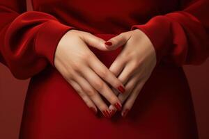 ai genererad kvinnas händer innehav röd manikyr. foto