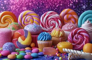 ai genererad en grupp av sötsaker på topp av en färgrik bakgrund foto