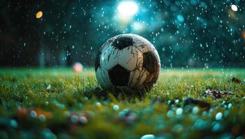 ai genererad en fotboll boll Sammanträde på ett tömma fält på natt foto