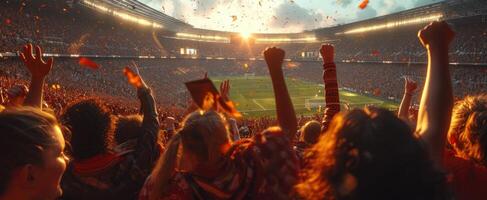 ai genererad människor glädjande på en fotboll stadion foto