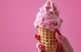 ai genererad hand innehav våffla kon med rosa is grädde på rosa bakgrund foto