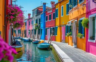 ai genererad färgrik kanal med hus med båtar dockad i de vatten foto