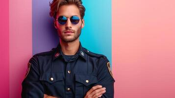 ai genererad minimalistisk levande annons bakgrund med stilig polis man och kopia Plats foto