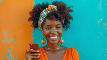 ai genererad porträtt av ung afrikansk amerikan kvinna innehav henne mobil och framställning ett på skärm gest foto