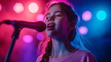 ai genererad Lycklig skön flicka sjunger i karaoke, suddig bakgrund med kopia Plats foto