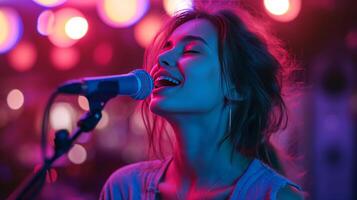 ai genererad Lycklig skön flicka sjunger i karaoke, suddig bakgrund med kopia Plats foto