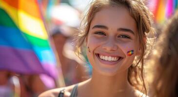 ai genererad med en regnbåge flagga som en vind, ung kvinna leende nära de folkmassan foto