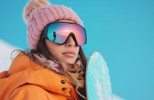 ai genererad kvinna snowboardåkare i orange i vinter- innehav henne snowboard foto