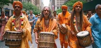 ai genererad en grupp av hare krishnas med trummor promenader ner de gata av stad foto