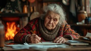 ai genererad ett gammal kvinna skrivningar en brev Sammanträde på ett gammal ek tabell mot de bakgrund av en öppen spis foto