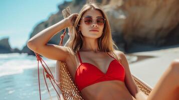 ai genererad skön ung flicka i en röd bikini solbad på de strand foto