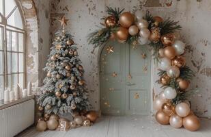 ai genererad dop ballon dekoration med jul träd med krans foto