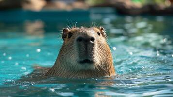 ai genererad söt capybara simmar i de slå samman mot de bakgrund av de sommar trädgård foto