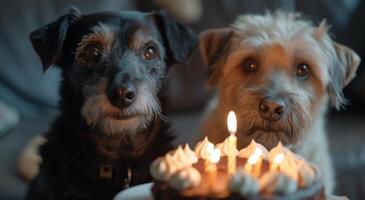 ai genererad hund dricka födelsedag rör med en fest hatt foto