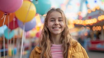 ai genererad Lycklig flicka med färgrik ballonger promenader genom ett nöje parkera foto