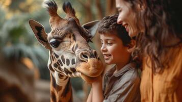 ai genererad Lycklig familj matning en giraff på de Zoo foto