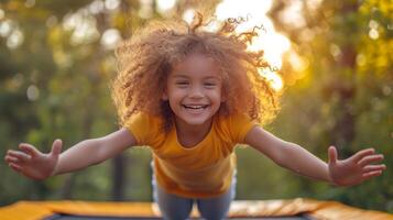 ai genererad glad lockigt flicka Hoppar på en trampolin i de parkera foto